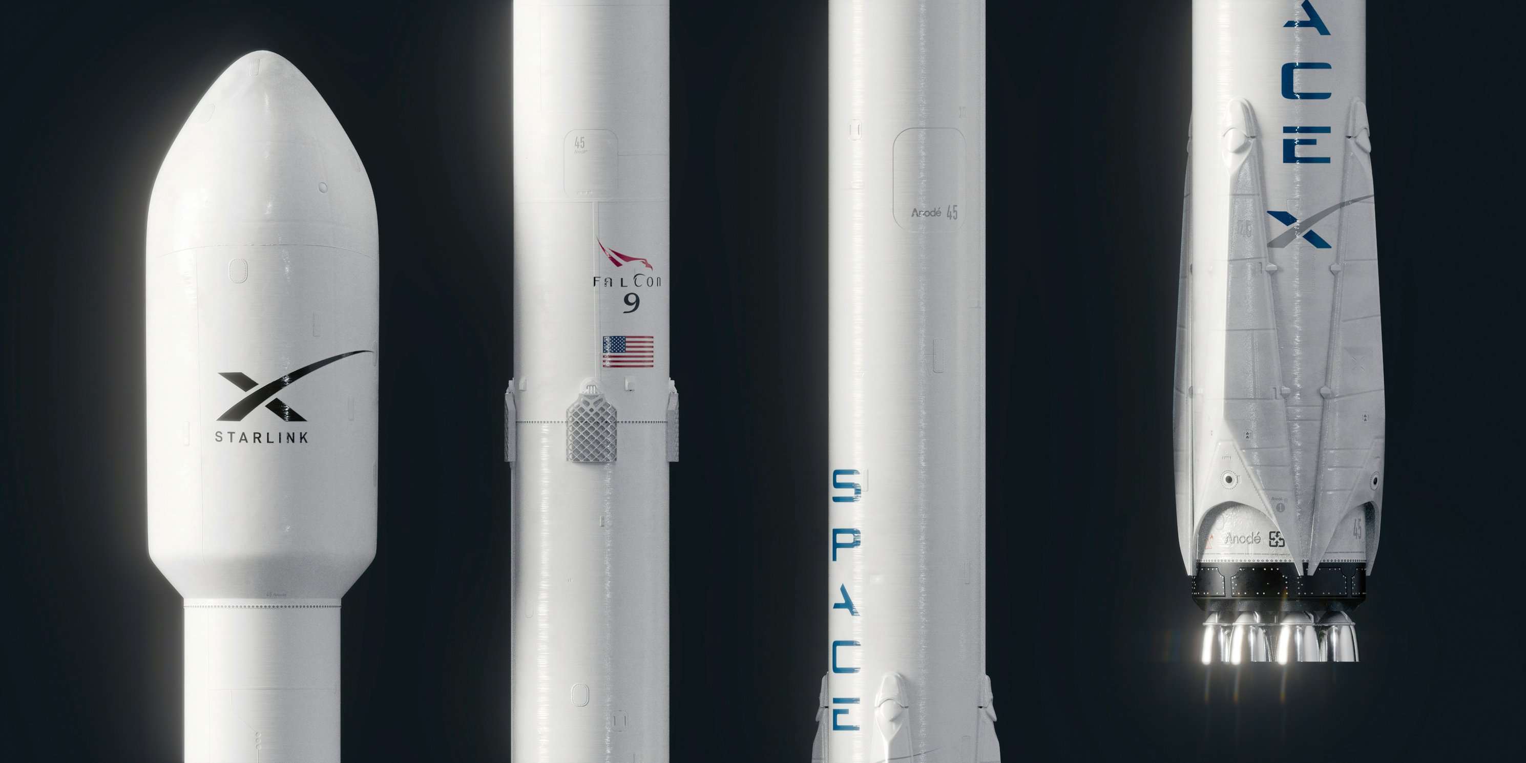 Quattro razzi bianchi, tra cui Falcon 9, con scritte blu "SpaceX" e "Starlink" su sfondo nero.