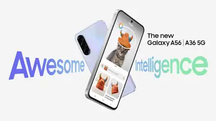 Due smartphone Samsung su sfondo bianco. Uno mostra un gatto con un cappello tramite Google Lens. Testo: "Awesome Intelligence, Galaxy A56".
