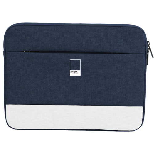 Custodia blu per laptop con zip laterale e blocco bianco in basso. Etichetta Pantone.
