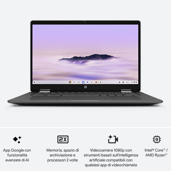 Laptop grigio aperto su sfondo bianco. Lo schermo mostra un paesaggio con montagne e cielo viola. Dati tecnici e icone in basso.