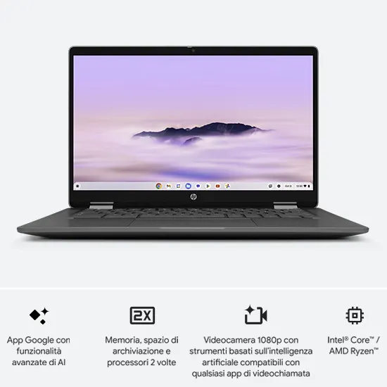 Laptop grigio aperto su sfondo bianco. Lo schermo mostra un paesaggio con montagne e cielo viola. Dati tecnici e icone in basso.