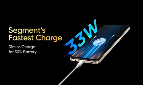 Smartphone in carica con cavo bianco su sfondo nero. Testo "Segment's Fastest Charge" e "33W" in blu.
