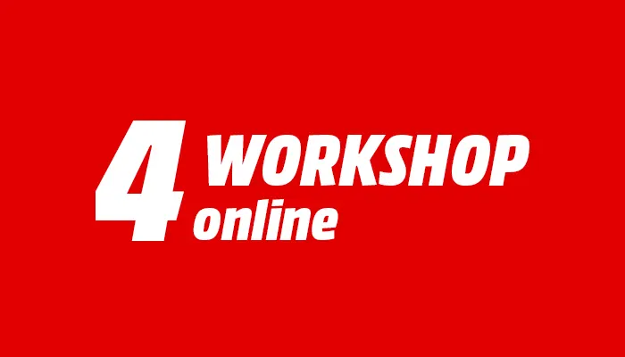 Testo bianco con "4 WORKSHOP online" su sfondo rosso.