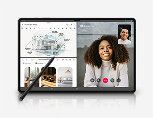 Tablet nero con pennino. Lo schermo mostra una videochiamata e un progetto di casa con arredamento.