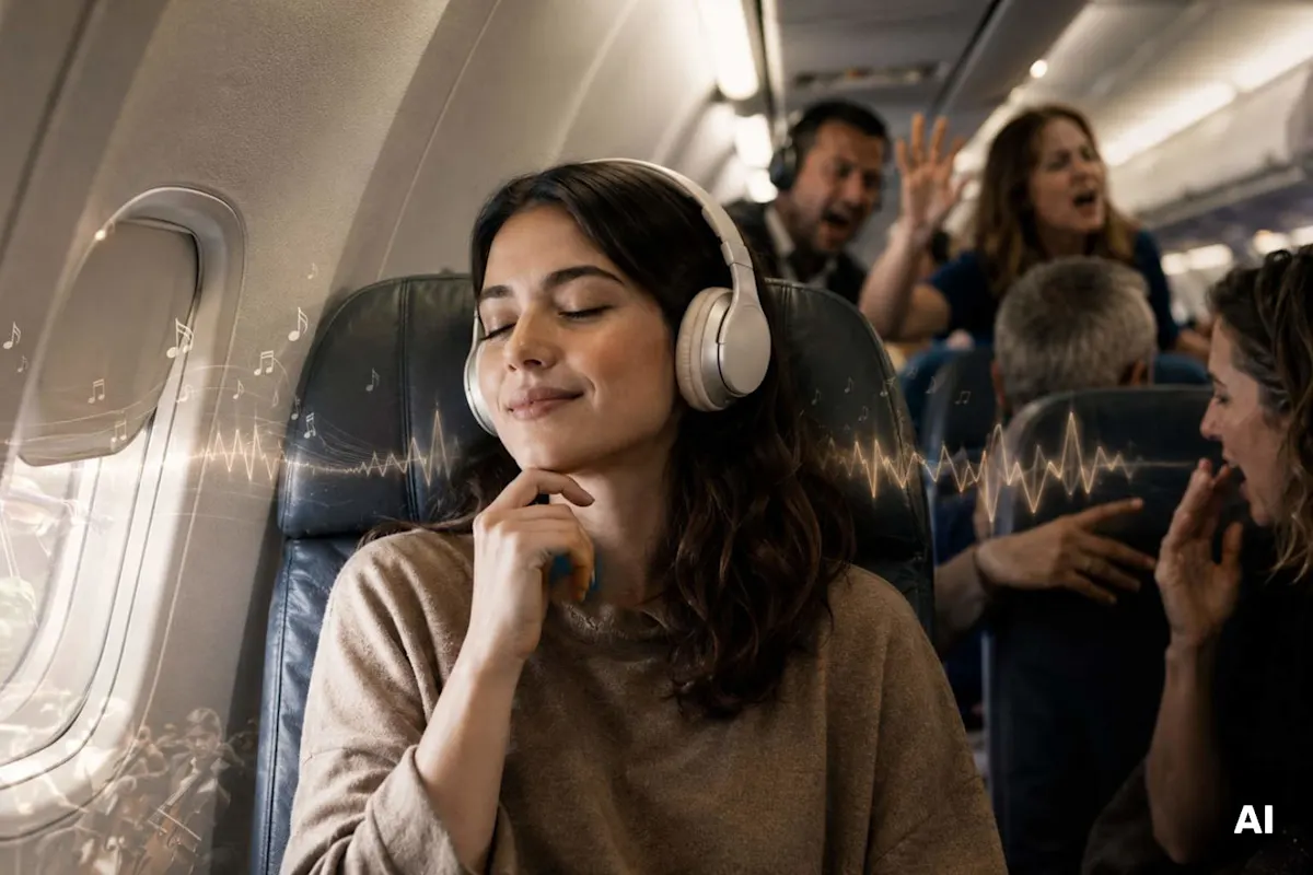 ragazza in aereo che indossa cuffie antirumore