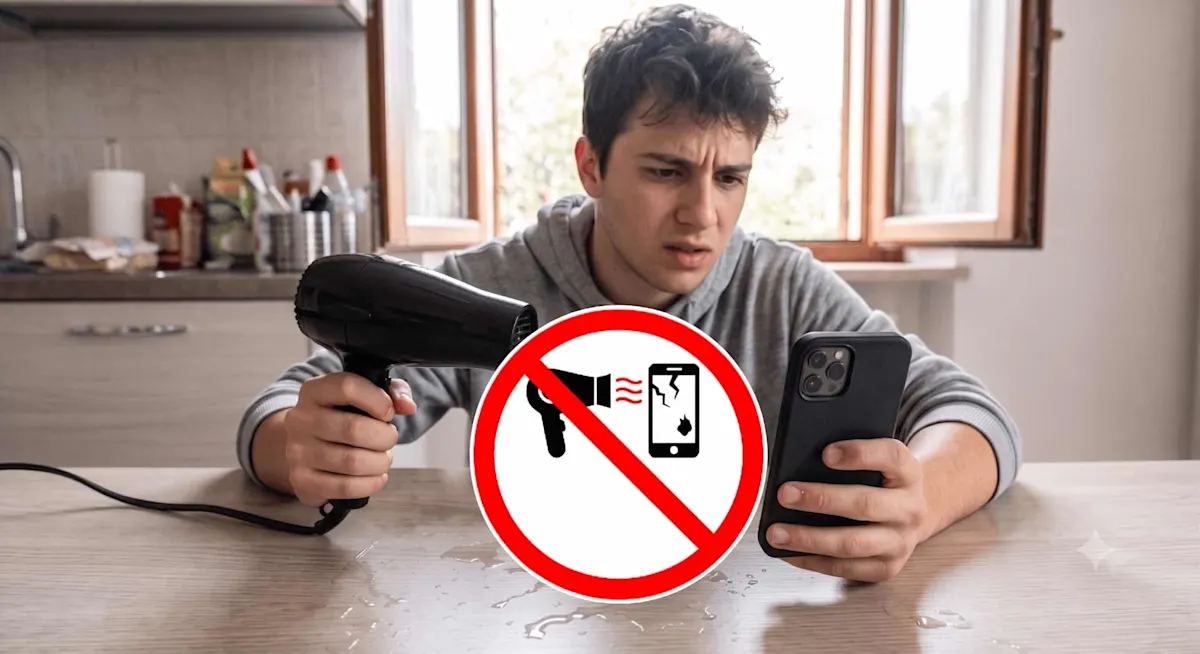 ragazzo che asciuga il telefono con il phone