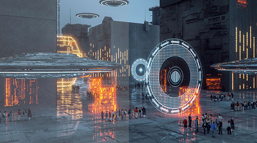 Citt� futuristica con folla, dischi volanti e edifici illuminati. Grandi cerchi luminosi in primo piano. Riflessi a terra.