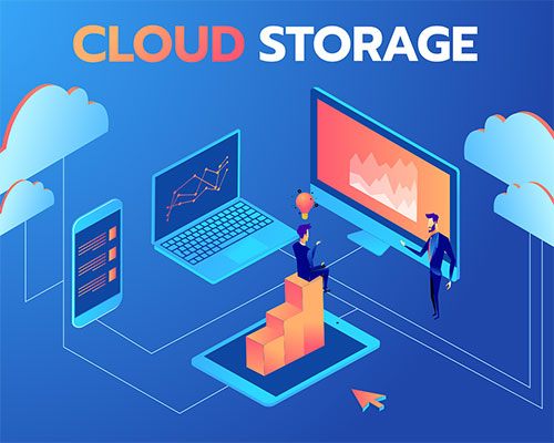 Grafica blu con la scritta "CLOUD STORAGE", dispositivi digitali e figure umane stilizzate.