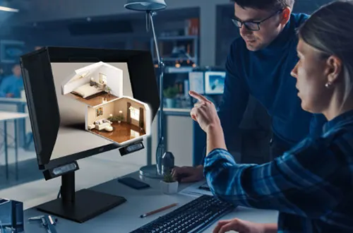 Uomini che lavorano a un monitor che mostra rendering 3D di interni. Tastiera e lampada da scrivania visibili.