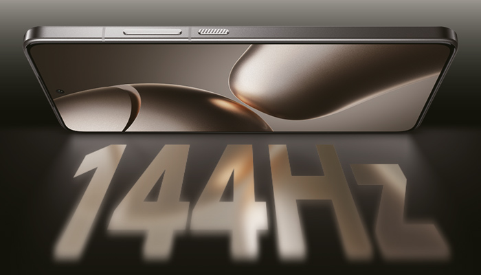Telefono orizzontale con schermo che mostra forme astratte. In basso, la scritta "144Hz" proietta un'ombra sul piano.