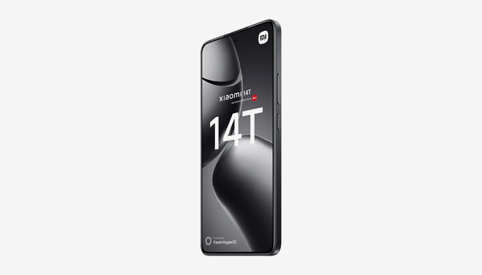 Ecco un telefono nero su sfondo bianco. Lo schermo mostra la scritta bianca "14T" e il logo Xiaomi.