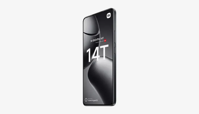 Ecco un telefono nero su sfondo bianco. Lo schermo mostra la scritta bianca "14T" e il logo Xiaomi.