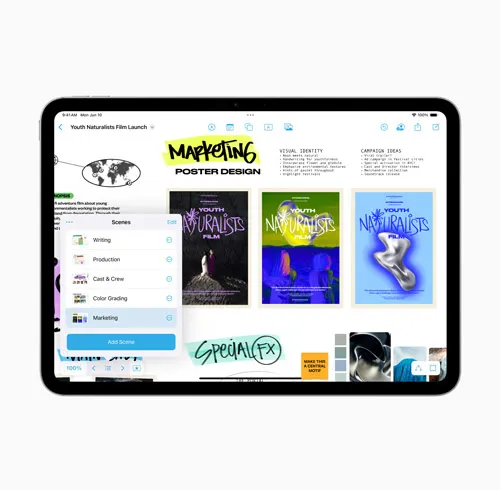 Tablet nero mostra un'app di design con testo, grafici e menu a tendina. Tre poster in mostra.