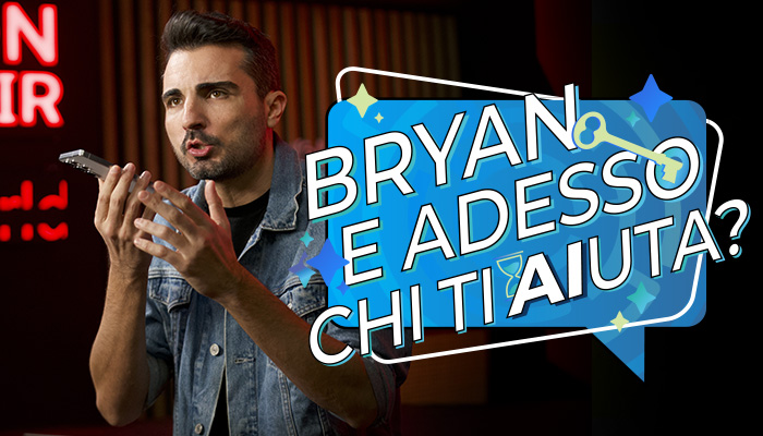 Uomo con giacca di jeans tiene un telefono. Grafica blu con "BRYAN E ADESSO CHI TI AIUTA?" e chiave dorata. Sfondo scuro.