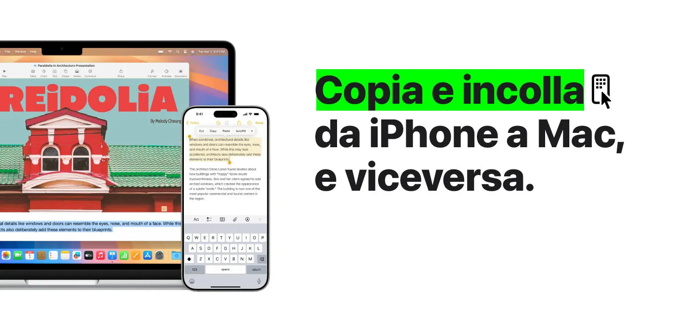 Immagine di uno schermo di un MacBook con un'applicazione aperta e sopra un iPhone con l'applicazione delle note aperta. Testo con scritto: copia e incolla da iPhone a Mac e viceversa.