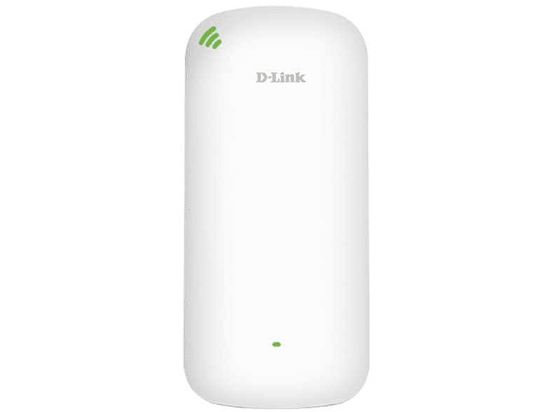 Dispositivo bianco D-Link con indicatori verdi in alto e in basso, su sfondo bianco.