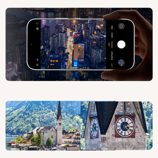 Un cellulare che fa una foto a una città e la foto di un paesaggio