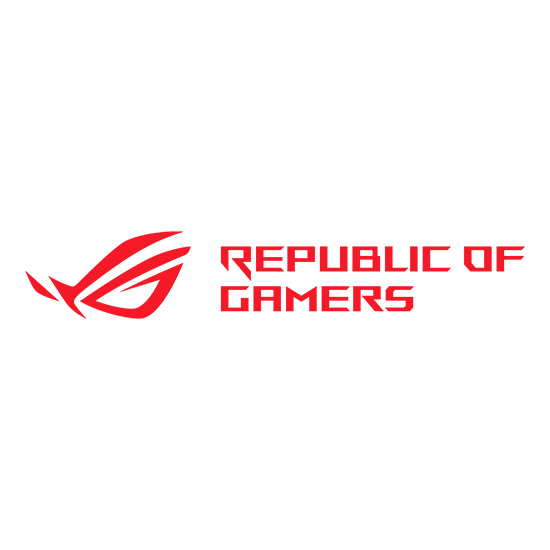 Logo rosso "Republic of Gamers" con simbolo stilizzato su sfondo bianco.