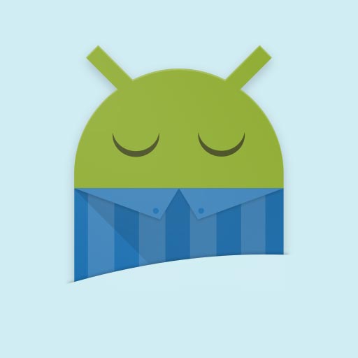 Logo Android stilizzato. Testa verde con antenne, occhi chiusi. Indossa pigiama blu a righe verticali. Sfondo azzurro.