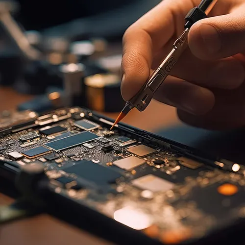 Una mano tiene un saldatore sopra una scheda madre di un telefono. Sullo sfondo, altri strumenti.