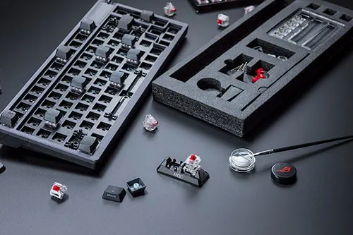 Tastiera meccanica smontata con accessori: interruttori, cappucci, pennello per lubrificante, scatola portaoggetti su sfondo scuro.