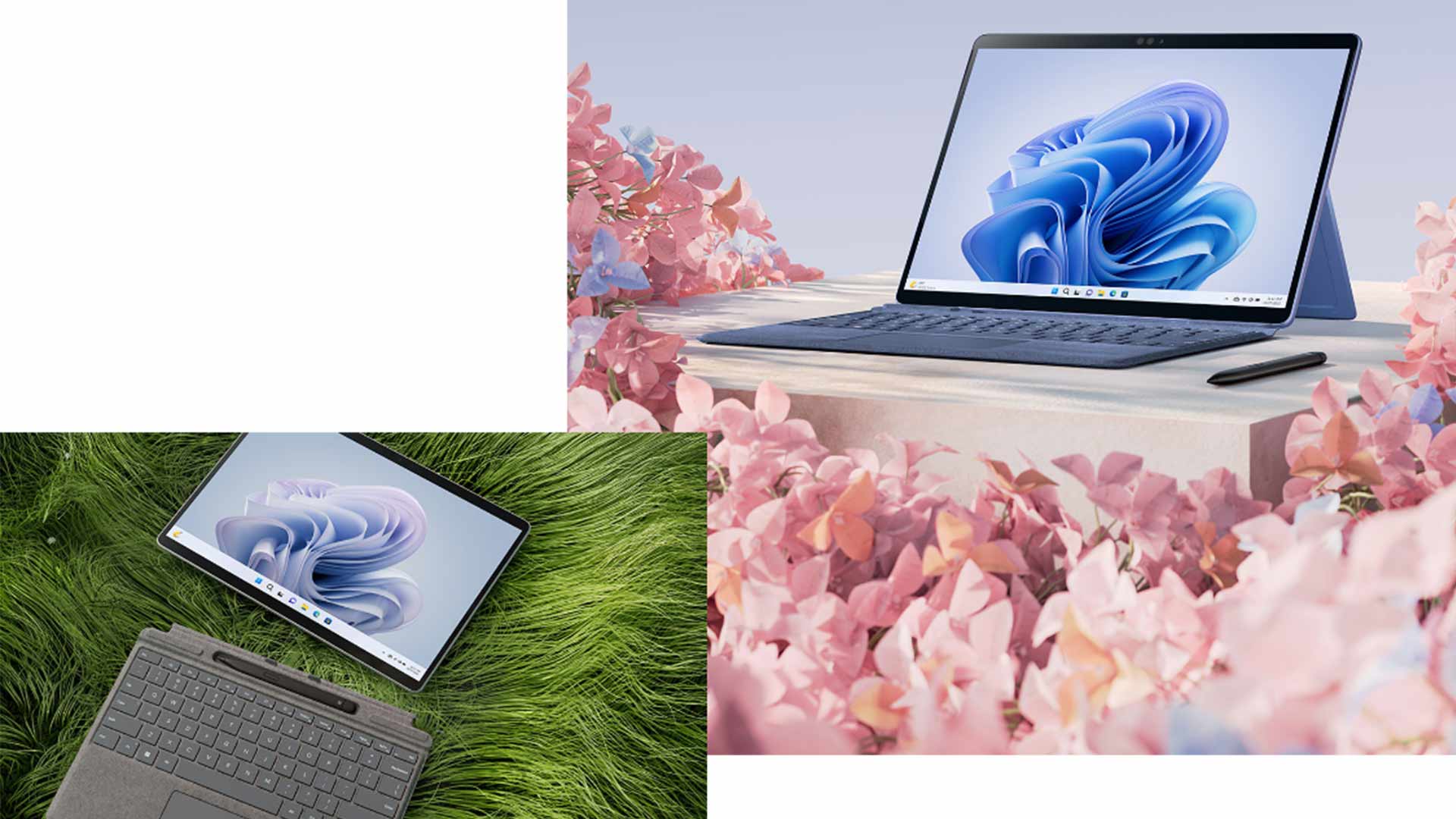 Tre immagini mostrano un tablet con tastiera: uno con fiori rosa, uno su erba verde. Il tablet ha lo schermo acceso.