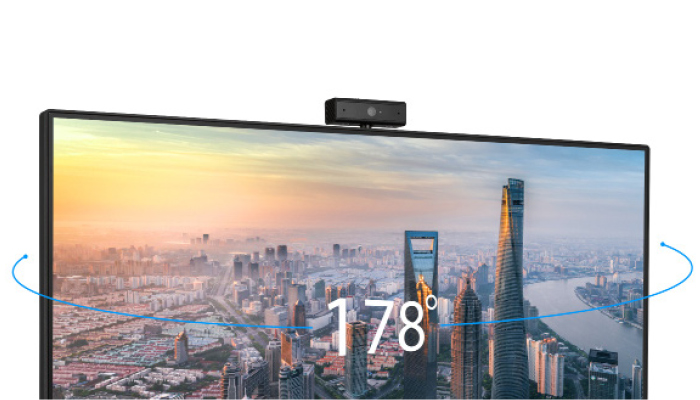 Monitor nero con webcam mostra skyline citt� al tramonto. Linee blu indicano angolo di visione 178°.