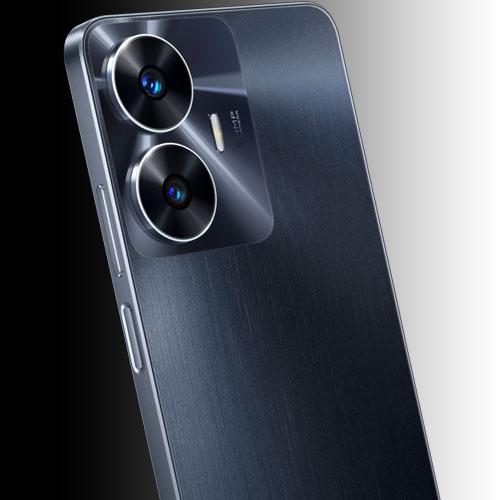 Vista angolare di un telefono blu scuro con due obiettivi circolari sul retro.