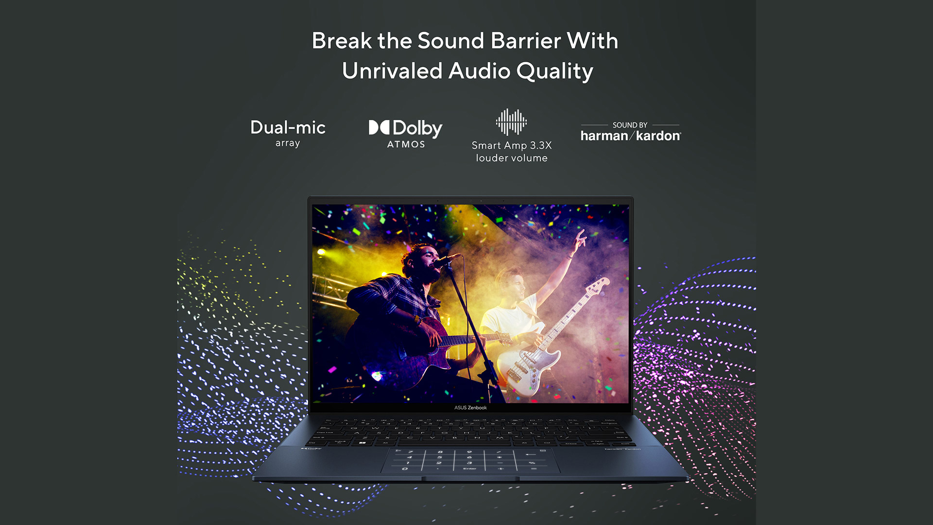 Laptop ASUS Zenbook aperto mostra concerto musicale. Grafica audio Dolby Atmos e Harman Kardon. Sfondo grigio con linee punteggiate.
