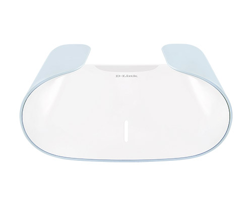 Dispositivo elettronico bianco con finiture azzurre su sfondo bianco.