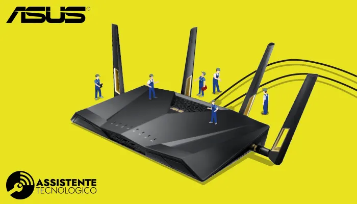 Logo ASUS, router nero con antenne, figure in tuta blu su sfondo giallo.