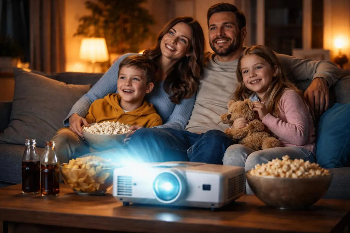 famiglia che guarda un film proiettato da un proiettore