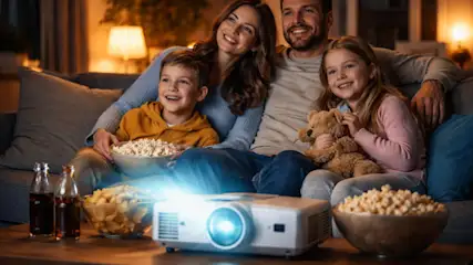 famiglia che guarda un film proiettato da un proiettore
