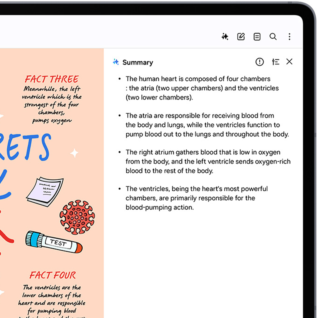 Appunto digitale con testo sull'anatomia cardiaca e diagrammi. Un riepilogo elenca le funzioni atriali e ventricolari.