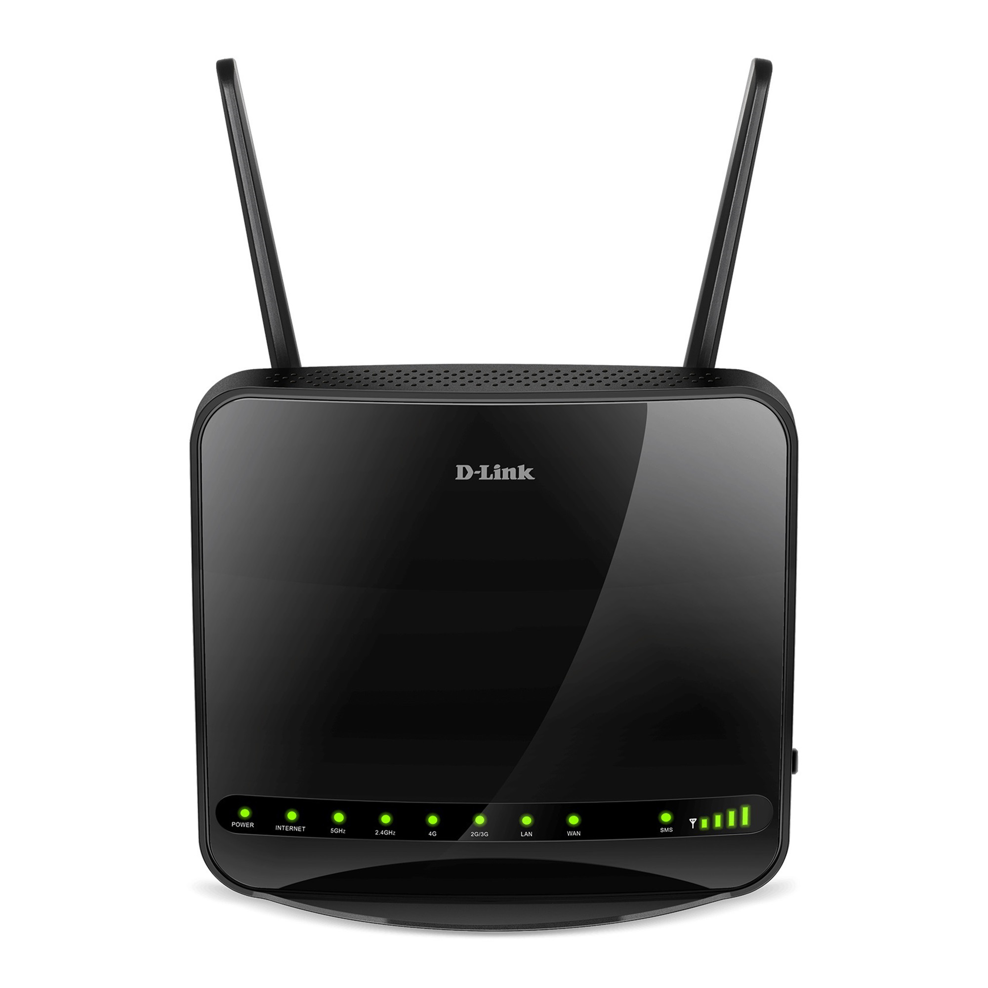 Router D-Link nero con due antenne e spie verdi che indicano lo stato di connessione.
