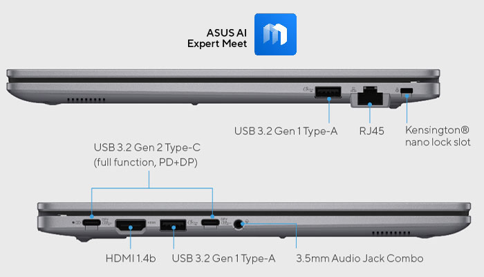 Due laptop grigi affiancati mostrano porte laterali: USB, HDMI, audio e RJ45. Lo sfondo è bianco.