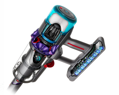 Un aspirapolvere senza fili grigio con accenti blu, viola e rossi, con un design a sezione trasversale.