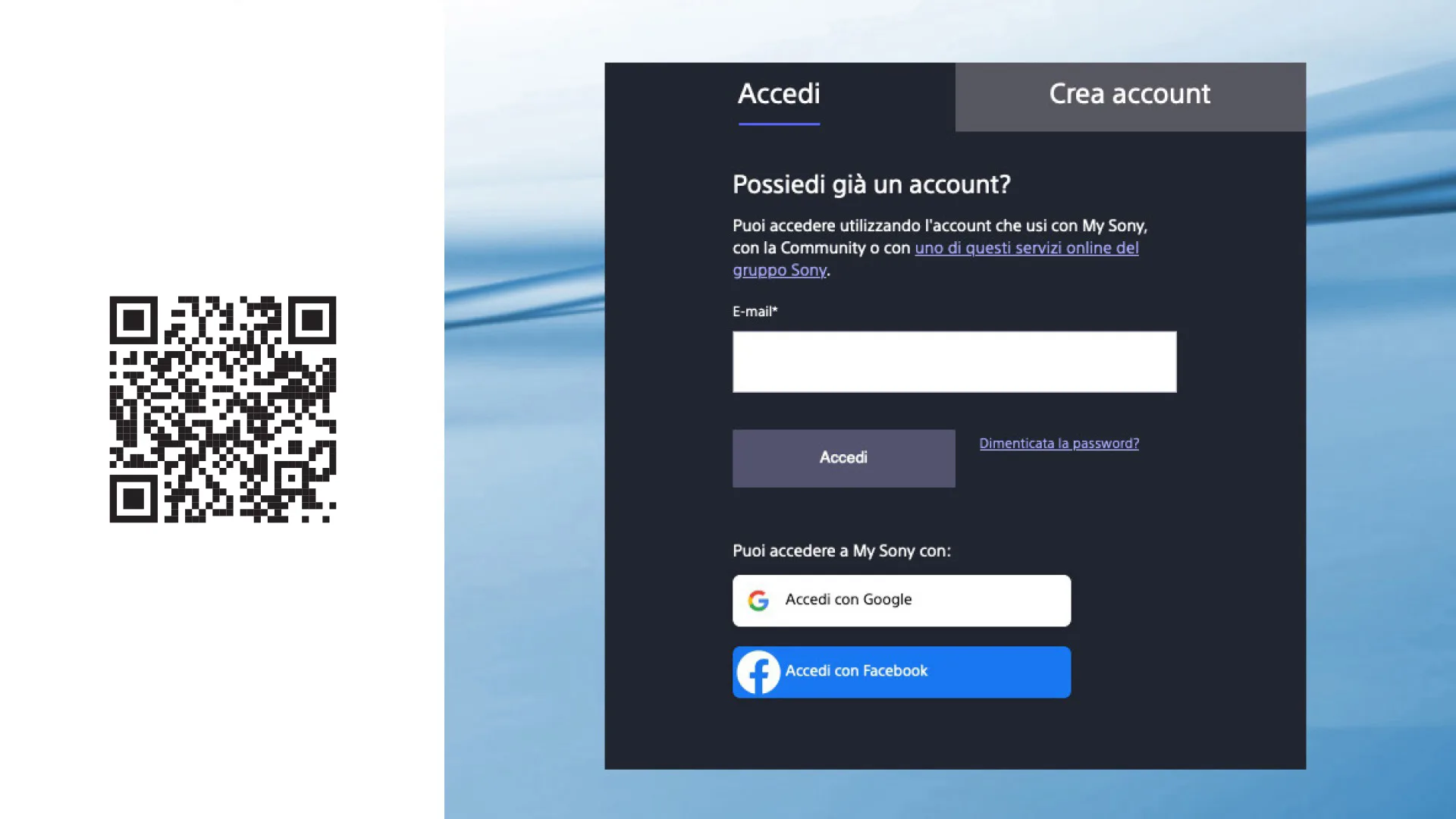 Pagina di accesso con QR code, opzioni di login via email, Google e Facebook.