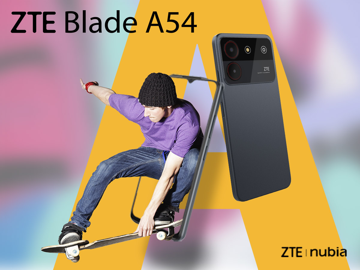 Un uomo su uno skateboard, incorniciato da uno smartphone nero su sfondo giallo e rosa. Il testo "ZTE Blade A54" è in alto.