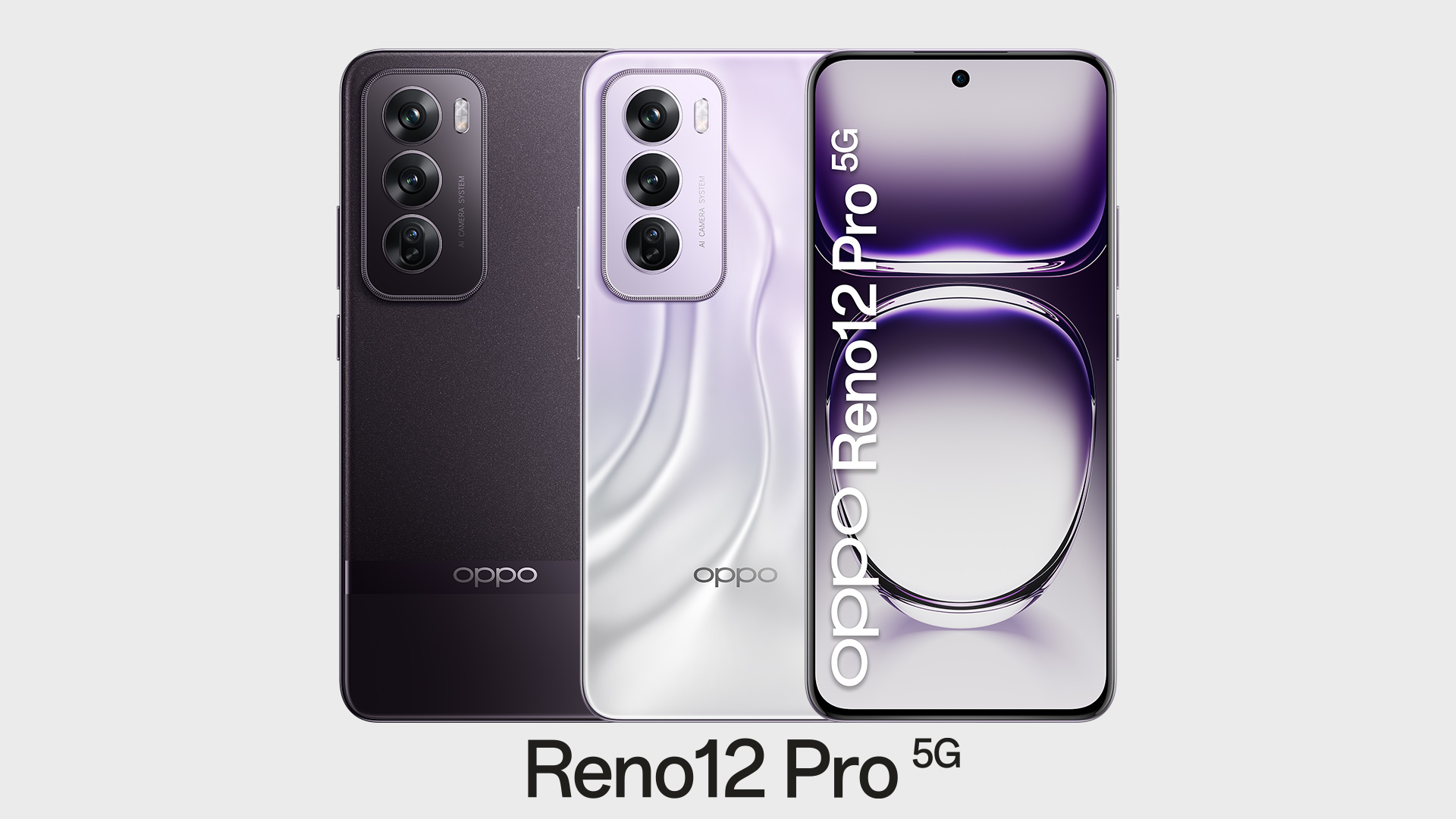 Tre telefoni Oppo Reno12 Pro 5G sono affiancati su sfondo bianco. Il display mostra una forma ovale viola e bianca.