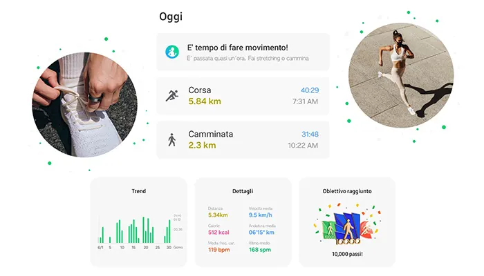 Schermata app: statistiche allenamento giornaliere con corsa, camminata, grafici di trend e obiettivi raggiunti. Immagini di persone.