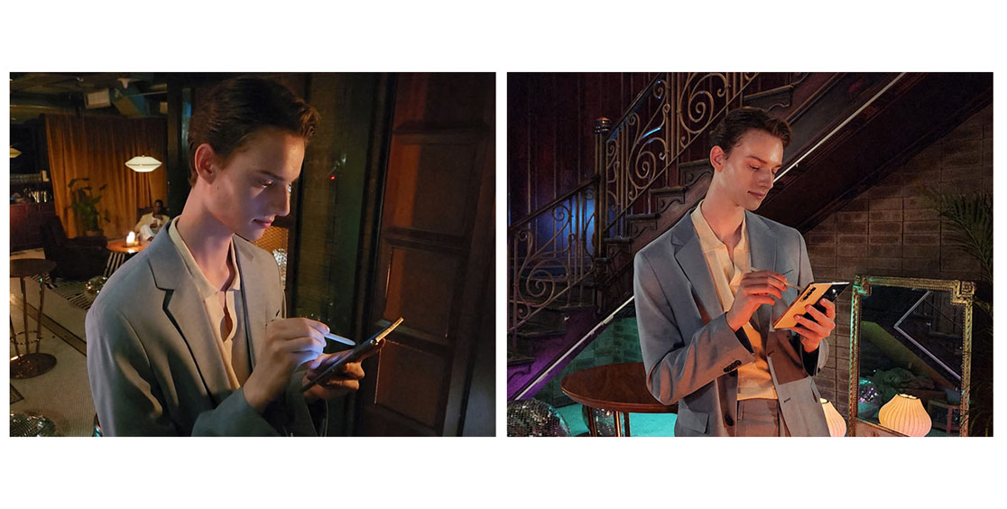 Due foto mostrano un uomo in giacca grigia che usa un telefono pieghevole con stilo in interni con arredamento retr�.