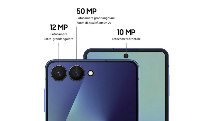 due telefoni samsung flip7 in cui sono evidenziate le camere fronalte, ultra-grande e gli zoom con dettagli scritti riguardo alle camere.