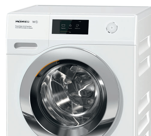 Lavatrice bianca con obl� circolare bordato di metallo, pannello di controllo nero e manopola bianca.