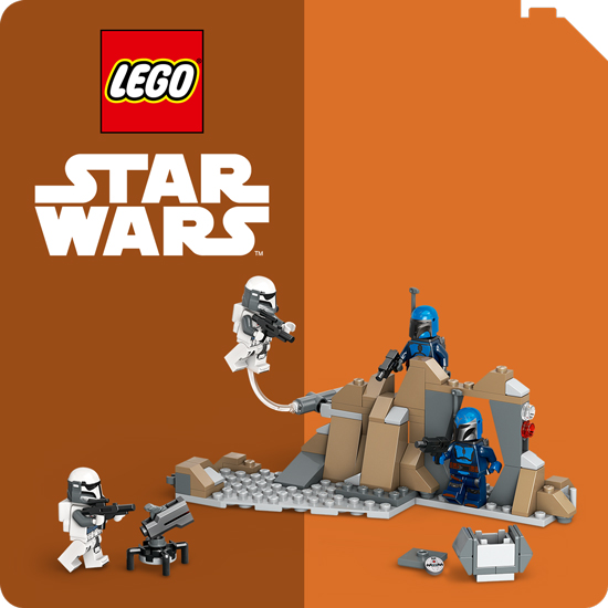 Modello Lego di R2-D2, bianco e blu, su sfondo blu e sezioni con loghi Lego e Star Wars. Dettagli circolari colorati in alto a destra.