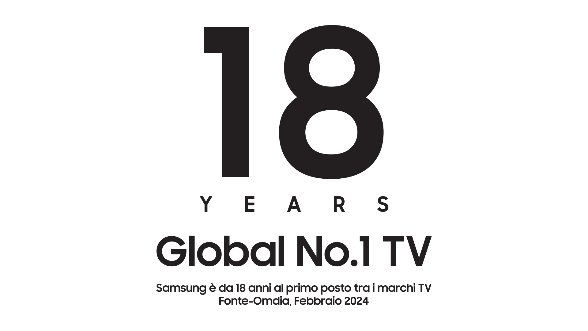 Logo nero su sfondo bianco con il numero 18 sopra la scritta "YEARS" e "Global No.1 TV". Slogan Samsung e data.