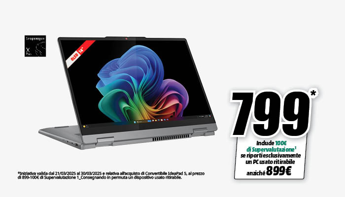 Laptop grigio aperto con schermo che mostra un'immagine astratta colorata. A destra, il prezzo di 799 euro.
