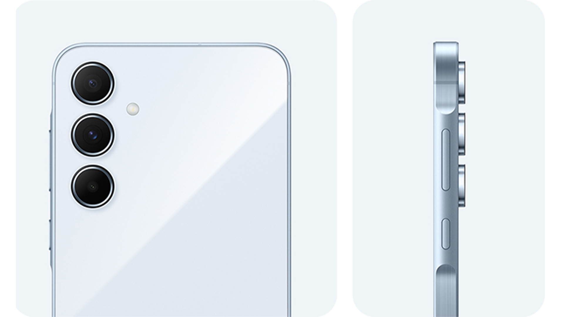 Sul retro di un telefono si vedono tre obiettivi della fotocamera e un flash. Sul lato si vedono i pulsanti del volume.