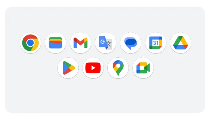 Su sfondo chiaro, icone di app Google: Chrome, Gmail, Meet, Translate, Chat, Calendar, Drive, Play, YouTube, Maps e Duo.