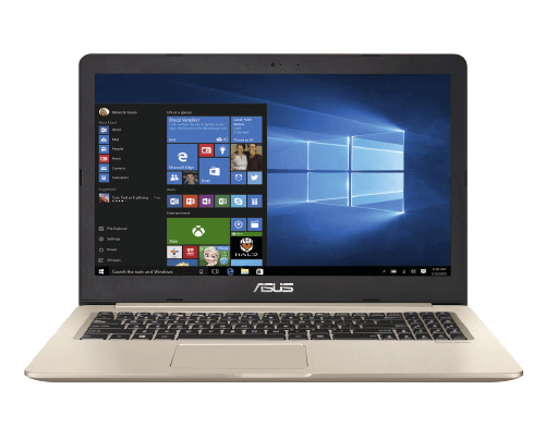 Ecco un laptop ASUS aperto su uno sfondo bianco, che mostra il sistema operativo Windows. La tastiera � nera.